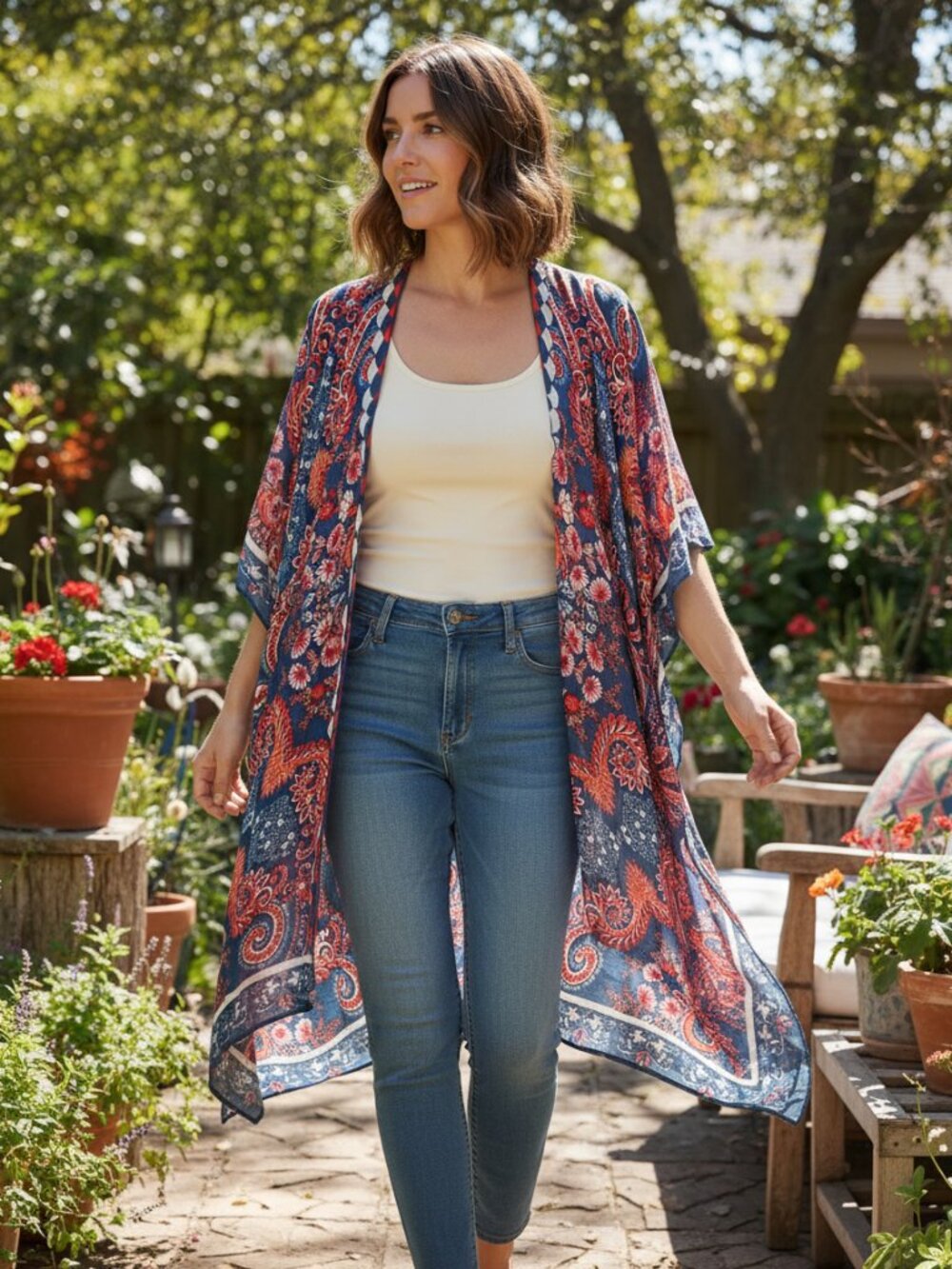 NEW Moss Rose Kimono Open Tunic Top Blue Orange Red Boho Hippie Wrap Coverup OS